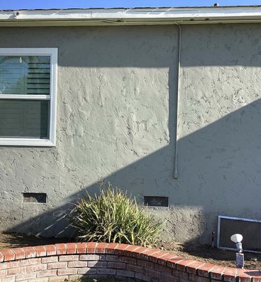 Side view of a gray textured house with a window, green plants, and a brick wall in the foreground under bright sunlight.